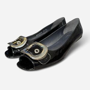 Stuart Weitzman Black Patent Leather Silver Buckle Peep-Toe Flats